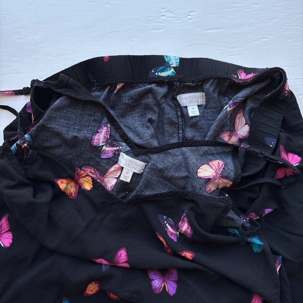 BeautySleep Social Butterfly Print Womens Medium Pajama Set‎ Black 2 Piece Rayon - Picture 3 of 5